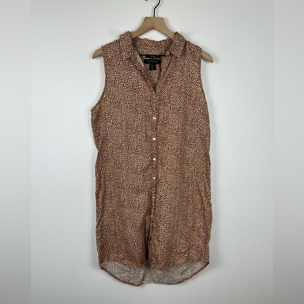 Tahari Sleeveless Button Up 100% Linen Shirt Animal Hi Low Dress Women’s‎ Sz L
